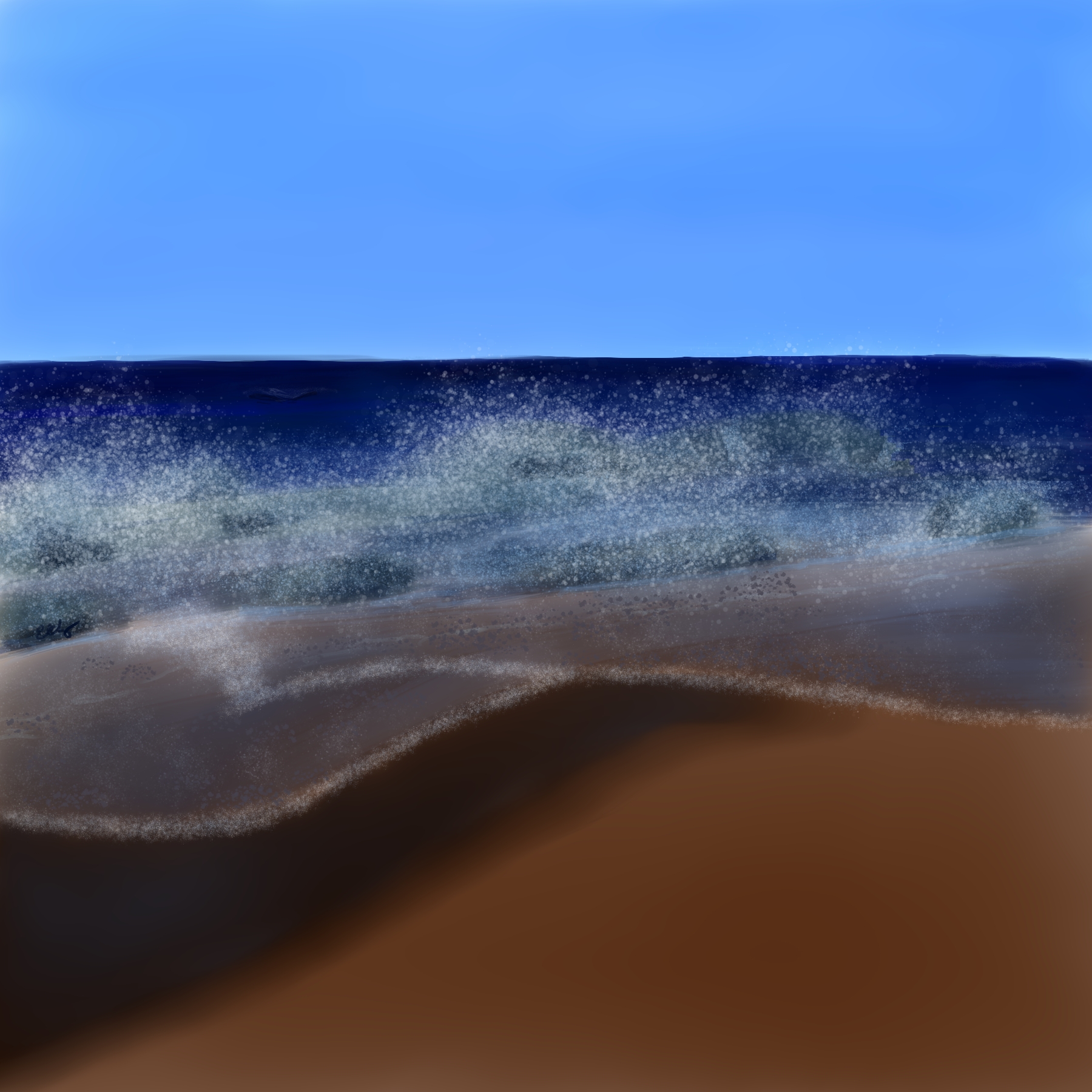 Final version of painting titled 'Waves Of Love' showing waves breaking at the shore